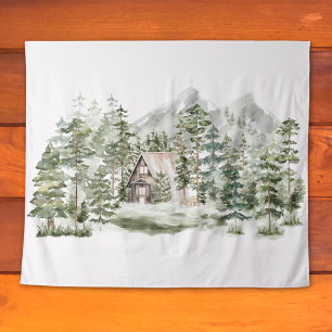 Tenture Cabine d'aquarelle dans la forêt de pins verts