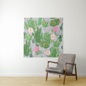 Tenture Cactus et fleurs, aquarelle peinture transparente. (En situation)