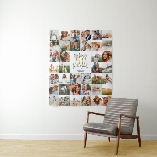 Tenture Cadeau de script multi photo d'anniversaire 50 ans (En situation)
