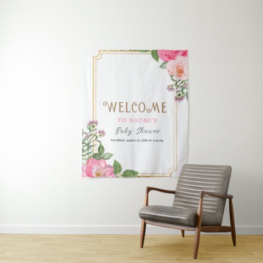 Tenture Cadre Baby shower Floral Rose Or (En situation)