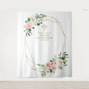 Tenture Cadre doré floral rose 1er anniversaire baptême