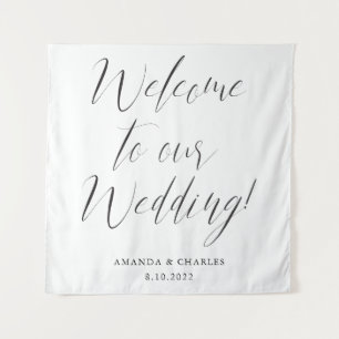Tenture Calligraphie Élégante Mariage Bienvenue Noir Blanc