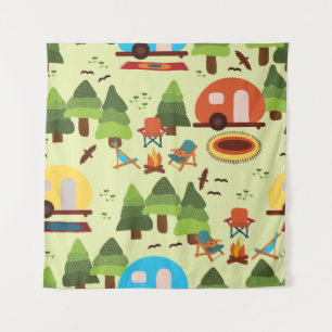 Tenture Camping - caravane, chaises de camping, cheminée