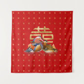 Tenture Canards mandarins et bonheur double sur rouge (Devant)