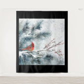 Tenture Cardinal rouge sur branche de pin enneigée (Devant)