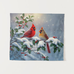 Tenture Cardinaux rouges et houx dans la neige