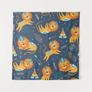 Tenture Caricature Lions Tribal Motif sans couture