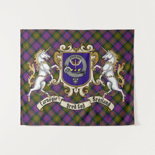 Tenture Carnegie Clan Badge & Unicorns avec Tartan (Devant (Horizontal))