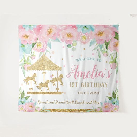 Tenture Carousel Floral Rose Menthe 1er Anniversaire Bienv (Devant (Horizontal))
