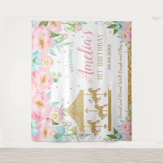 Tenture Carousel Floral Rose Menthe 1er Anniversaire Bienv (Devant)