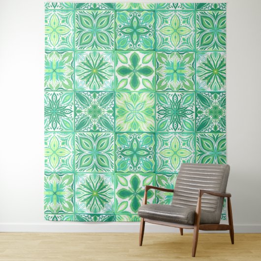 Tenture Carreaux décorés en vert et blanc (En situation)