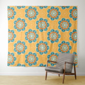 Tenture Carrelage Mandala floral en Orange et Turquoise (En situation (horizontale))