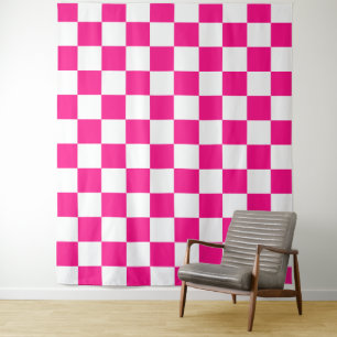 Tenture Carrés à carreaux rose chaud blanc géométrique rét