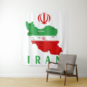 Tenture Carte de l'Iran avec drapeau et emblème