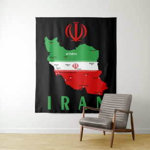 Tenture Carte de l'Iran avec drapeau et emblème