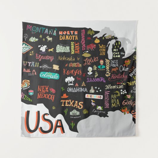 Tenture Carte des États-Unis : Affiche illustrée (Devant)