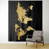 Tenture Carte du monde Globe détaillé Noir Or Fond de phot (En situation)