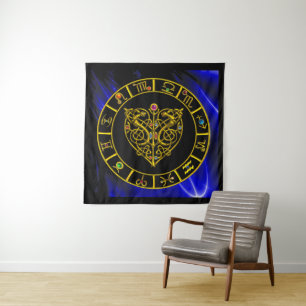 TENTURE CARTE DU ZODIAQUE EN OR, CŒUR ASTRAL, NŒUDS CELTIQ