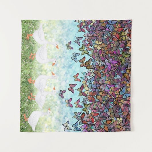 Tenture cascade papillon et oies blanches (Devant (Horizontal))