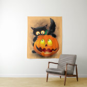 Tenture Cat Fun Halloween Character biting a Pumpkin (En situation)