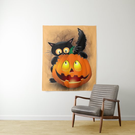 Tenture Cat Fun Halloween Character biting a Pumpkin (En situation)