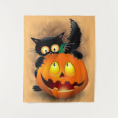 Tenture Cat Fun Halloween Character biting a Pumpkin (Devant)