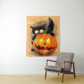 Tenture Cat Fun Halloween Character biting a Pumpkin (En situation)