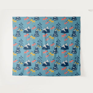 Tenture Cerf de Noël, arbres de Noël, montagnes