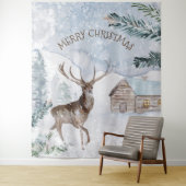 Tenture Cerf de Noël dans les bois enneigés (En situation)