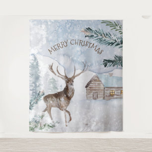 Tenture Cerf de Noël dans les bois enneigés