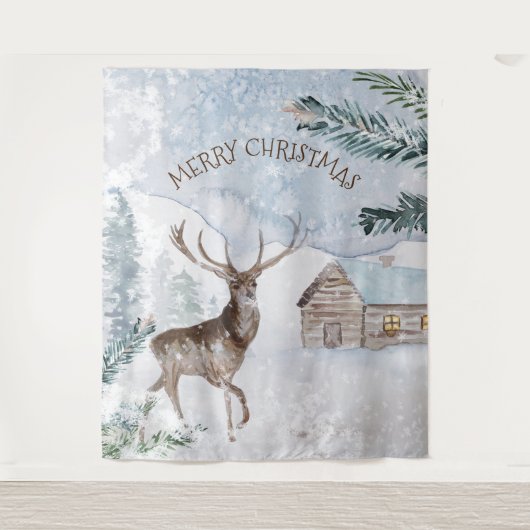Tenture Cerf de Noël dans les bois enneigés (Devant)