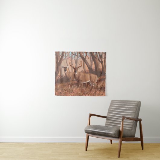 Tenture Cerf De Virginie Dans La Forêt Style Rétro Nature (En situation (horizontale))