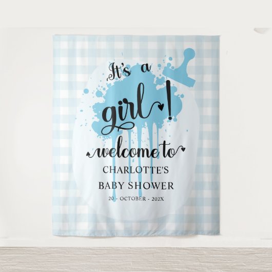 Tenture C'est une fille ! Baby shower bleu En vichy arrièr (Devant)