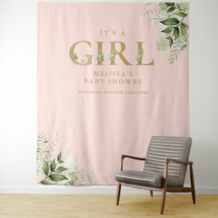Tenture C'est une fille Foliage Or Rose Baby Shower