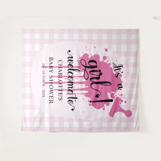 Tenture C'est une fille ! Pink En vichy Baby shower fond (Devant (Horizontal))