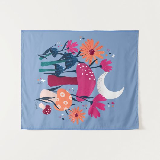 Tenture Champignons et fleurs - pierre de lune bleu et ros (Devant (Horizontal))