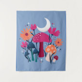 Tenture Champignons et fleurs - pierre de lune bleu et ros (Devant)