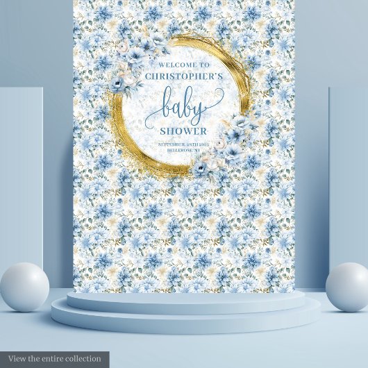 Tenture Charmant Baby shower aux fleurs d'or bleu Pastel
