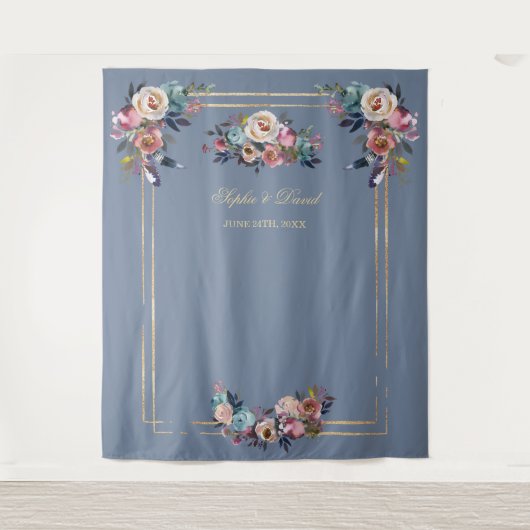 Tenture Châssis doré photo booth Fleurs roses bleues pouss (Devant)