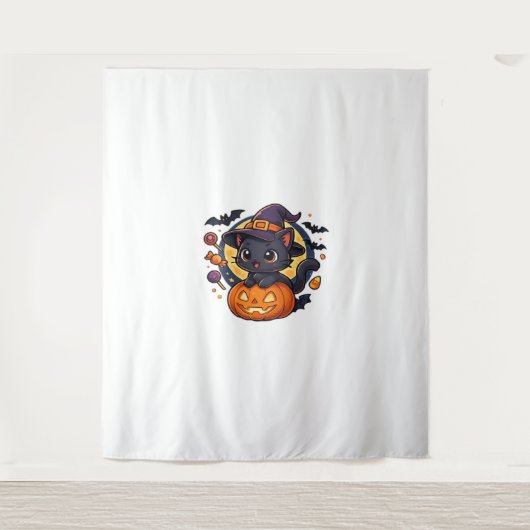Tenture Chat à sorcière sur Citrouille - Halloween Art Ove (Devant)