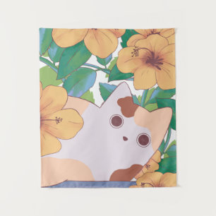 Tenture Chat adorable avec fleurs