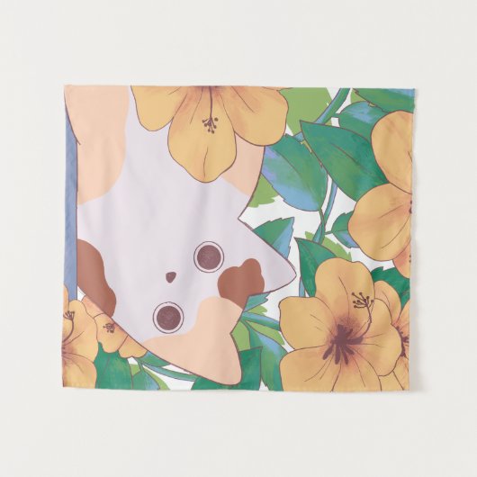 Tenture Chat adorable avec fleurs (Devant (Horizontal))