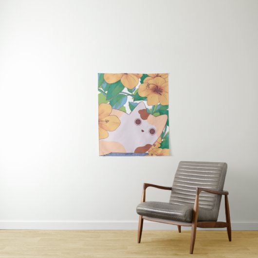 Tenture Chat adorable avec fleurs (En situation)