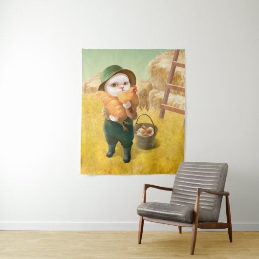 Tenture Chat adorable avec Hen à la ferme (En situation)