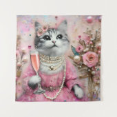 Tenture Chat adorable en robe rose avec perles (Devant)