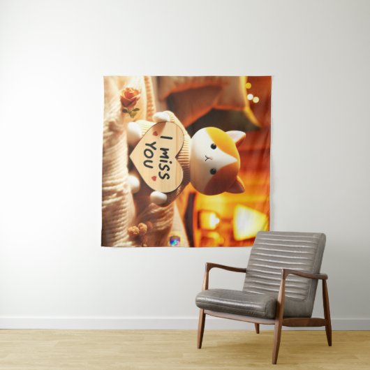 Tenture Chat adorable peluche avec message de coeur (En situation (horizontale))