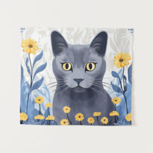 Tenture Chat Bleu Russe Fleurs Jaunes