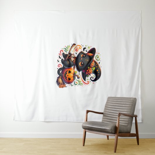 Tenture Chat chauve Chat Noir Sorcière Casquette Citrouill (En situation (horizontale))