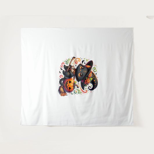 Tenture Chat chauve Chat Noir Sorcière Casquette Citrouill (Devant (Horizontal))