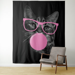 Tenture Chat cool avec lunettes roses et gomme à bulles